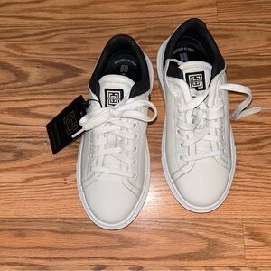 White and Black Low-Top Athletic Shoes with Leather Upper